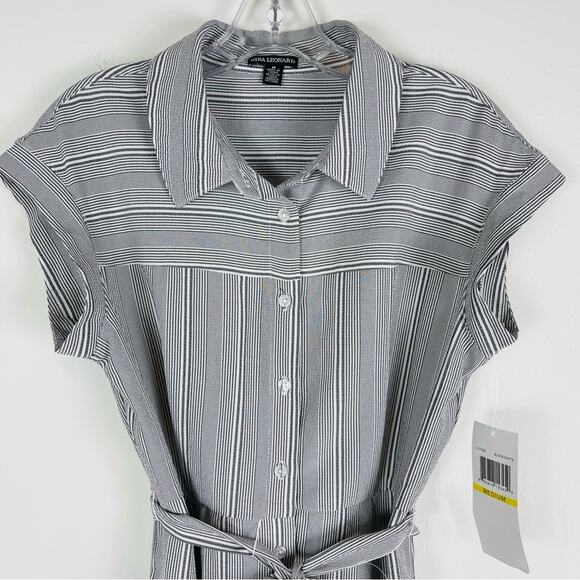 NWT Nina Leonard grey white stripe coastal preppy midi belted dress medium - Picture 2 of 10